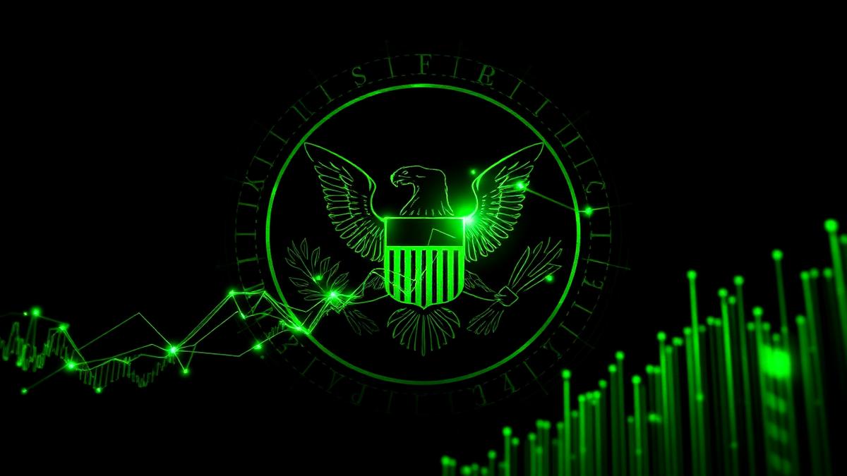 Abstract SEC seal motif in dark charcoal with glowing green market data lines