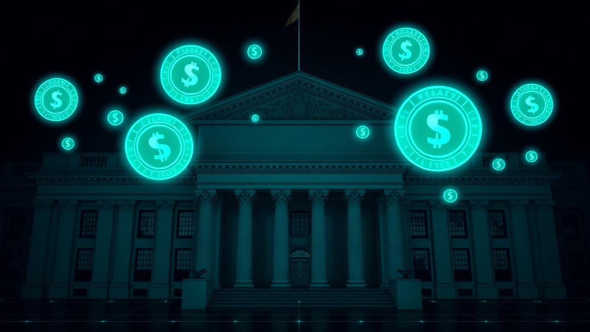 US Treasury building rendered in dark navy with glowing digital stablecoin tokens