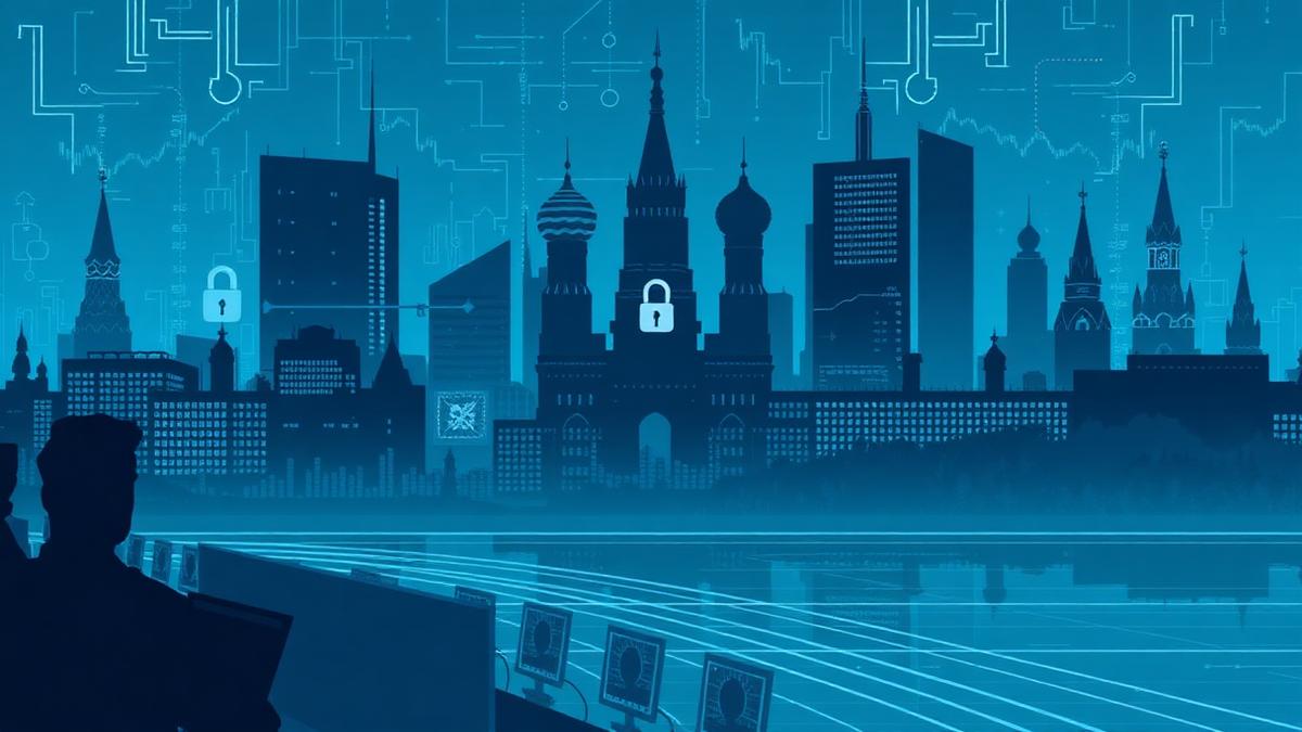 Moscow skyline in wireframe with trading terminals and padlocks